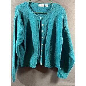 vtg women ramie Cardigan large Sweater Cotton chunky Knit Teal fisherman coastal